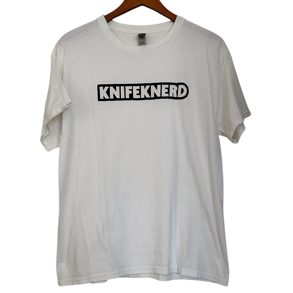 Gildan Men’s White T-Shirt Knife K Nerd Heavy Cotton Size L Crew Neck Graphic